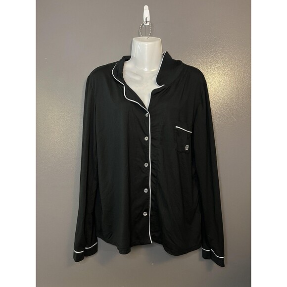 Born Pajama Shirt Womens Large Black Button Front Long Sleeve Piped Sleepwear - Picture 1 of 6